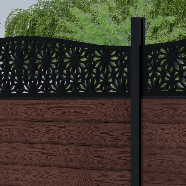 LuxeLine Composite Fence Panel Walnut 6ft High - Floral Decorative Screen with Aluminium Post