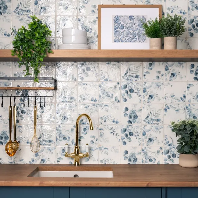 Lucy Blue Floral Gloss Patterned Porcelain Wall Tiles