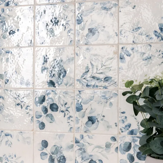 Lucy Blue Floral Gloss Patterned Porcelain Wall Tiles