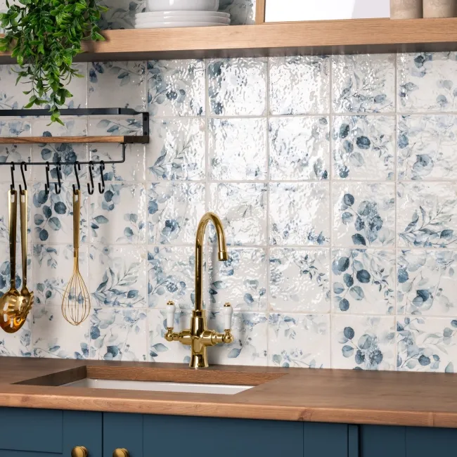 Lucy Blue Floral Gloss Patterned Porcelain Wall Tiles