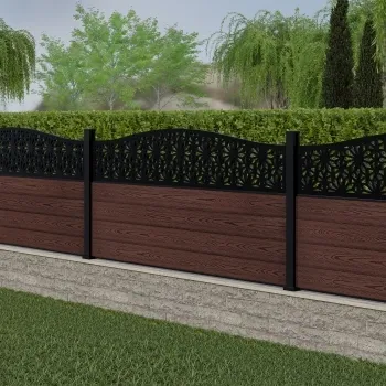 LuxeLine Composite Fence Panel Walnut 3ft High - Floral Decorative Screen with Aluminium Post