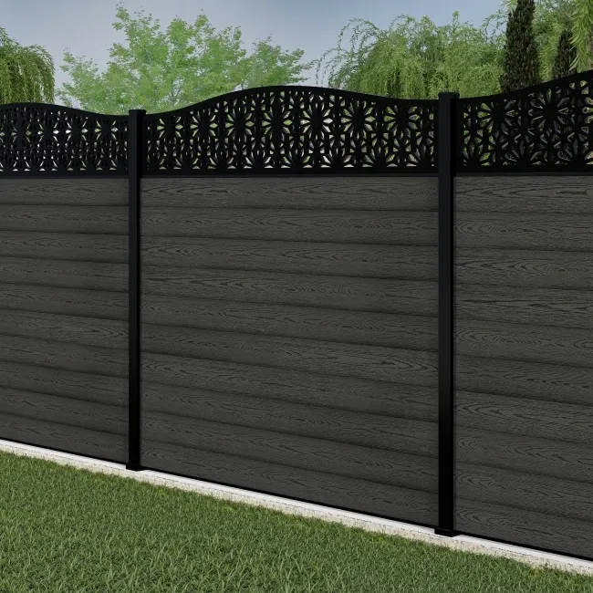LuxeLine Composite Fence Panel Dark Grey 6ft High - Floral Decorative Screen with Aluminium Post