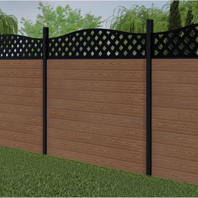 LuxeLine Composite Fence Panel Teak 6ft High - Curve Top Lattice Decorative Screen with Buried Aluminium Post