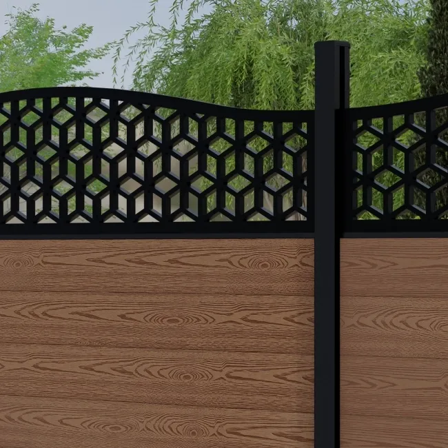 LuxeLine Composite Fence Panel Teak 6ft High - Geometric Decorative Screen with Buried Aluminium Post