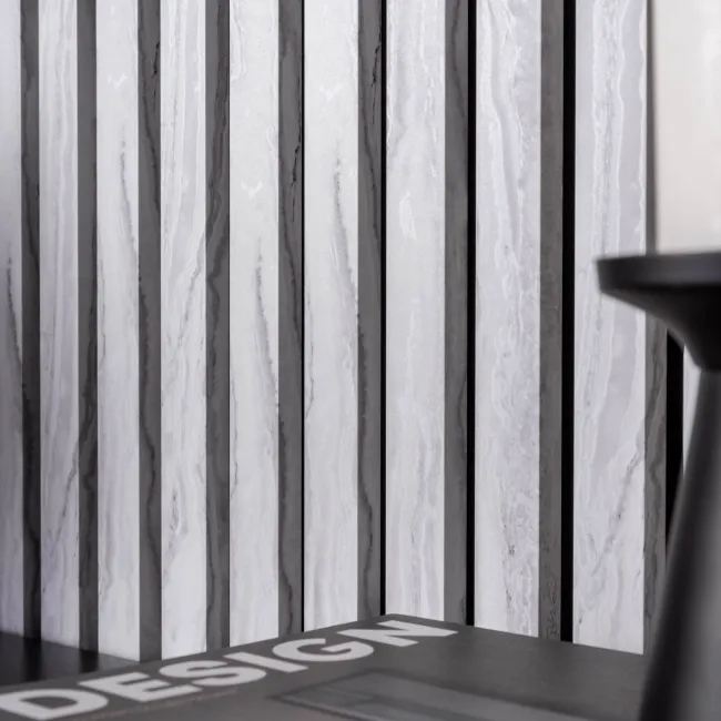 Trepanel Design® White Marble Effect on Black Felt Acoustic Wood Slat Panels