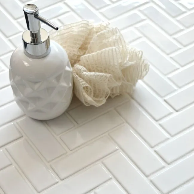 Pixel White Herringbone Gloss 22x73 Mosaic Tiles