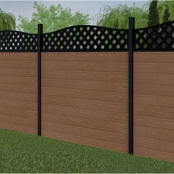 LuxeLine Composite Fence Panel Teak 6ft High - Curve Top Lattice Decorative Screen with Buried Aluminium Post
