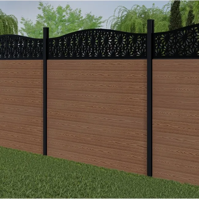 LuxeLine Composite Fence Panel Teak 6ft High - Floral Decorative Screen with Buried Aluminium Post