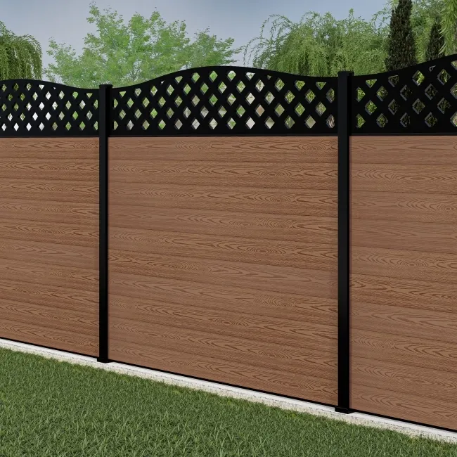 LuxeLine Composite Fence Panel Teak 6ft High - Curve Top Lattice Decorative Screen with Aluminium Post