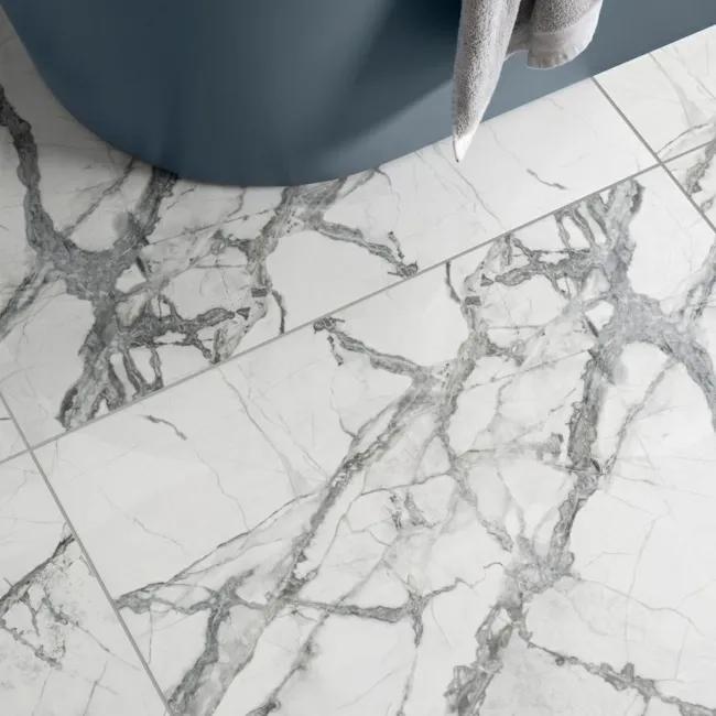 Olympia White Porcelain Marble Effect Polished Wall and Floor Tiles