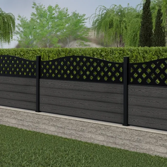 LuxeLine Composite Fence Panel Dark Grey 3ft High - Curve Top Lattice Decorative Screen with Aluminium Post