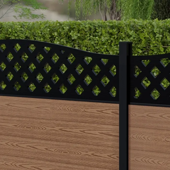 LuxeLine Composite Fence Panel Teak 3ft High - Curve Top Lattice Decorative Screen with Aluminium Post