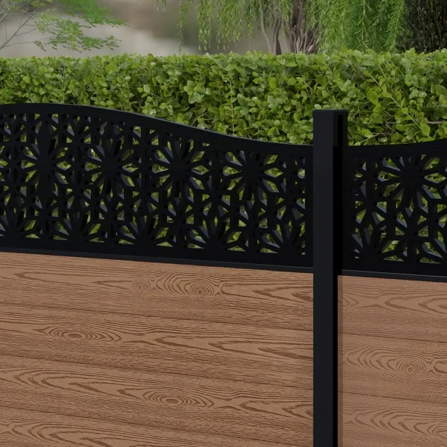 LuxeLine Composite Fence Panel Teak 3ft High - Floral Decorative Screen with Aluminium Post