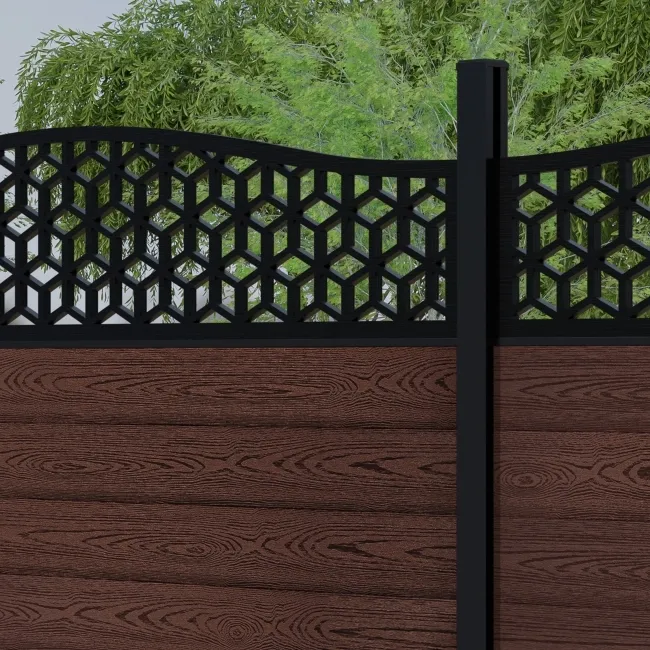 LuxeLine Composite Fence Panel Walnut 6ft High - Geometric Decorative Screen with Aluminium Post