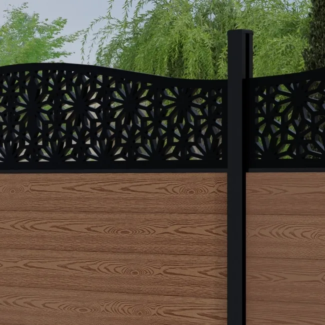 LuxeLine Composite Fence Panel Teak 6ft High - Floral Decorative Screen with Buried Aluminium Post
