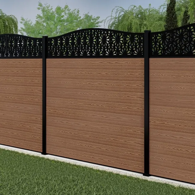 LuxeLine Composite Fence Panel Teak 6ft High - Floral Decorative Screen with Aluminium Post
