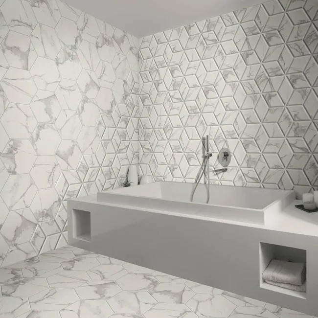Voronoi White Marble Effect Hexagon Tiles