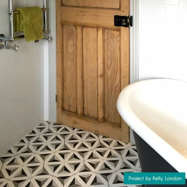 Contour Shadow Black and White Hexagon Patterned Floor Tiles