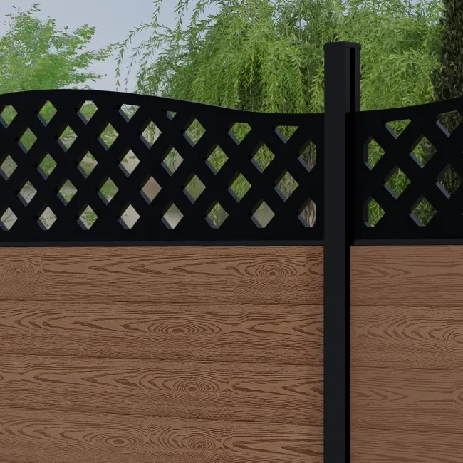 LuxeLine Composite Fence Panel Teak 6ft High - Curve Top Lattice Decorative Screen with Buried Aluminium Post