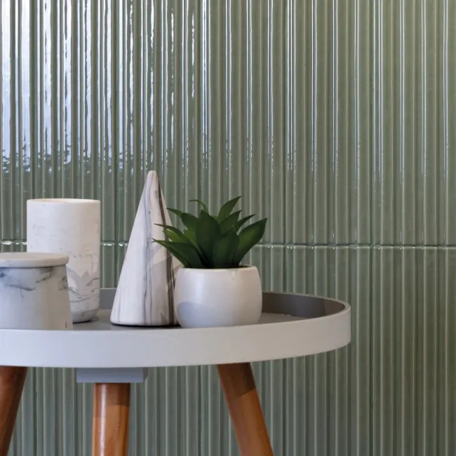 Ribbon Sage Green Ridged Effect Ceramic Gloss Wall Tiles