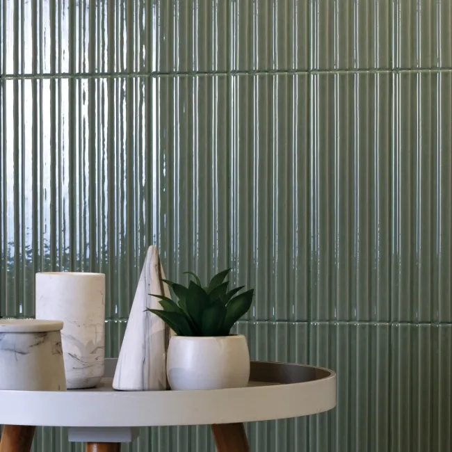 Ribbon Sage Green Ridged Effect Ceramic Gloss Wall Tiles