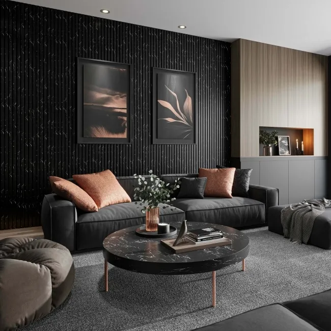 Trepanel Design® Black Marble Effect on Black Felt Acoustic Wood Slat Panels