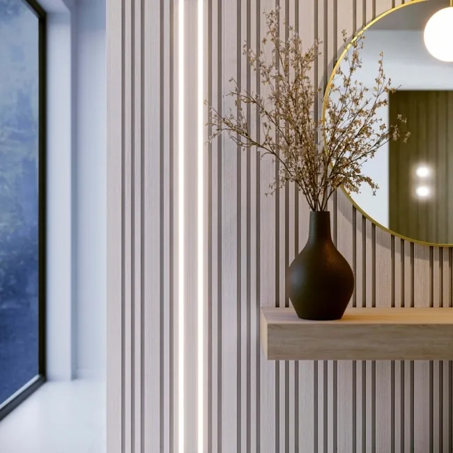 Trepanel Design® Light Oak on Antique White Felt Multi Width Acoustic Wood Slat Panels