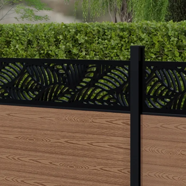 LuxeLine Composite Fence Panel Teak 3ft High - Jungle Decorative Screen with Aluminium Post