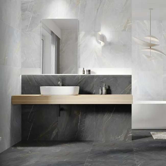 Devoke Dark Grey Matt Stone Effect Wall and Floor Tiles 597x597