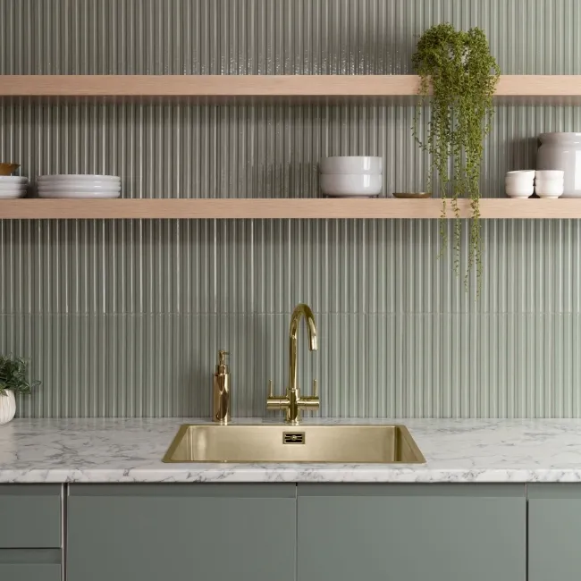 Ribbon Sage Green Ridged Effect Ceramic Gloss Wall Tiles