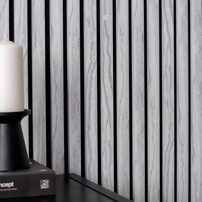 Trepanel Design® White Marble Effect on Black Felt Acoustic Wood Slat Panels