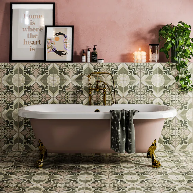 Field Green & Pink Floral Matt Porcelain Wall and Floor Tiles