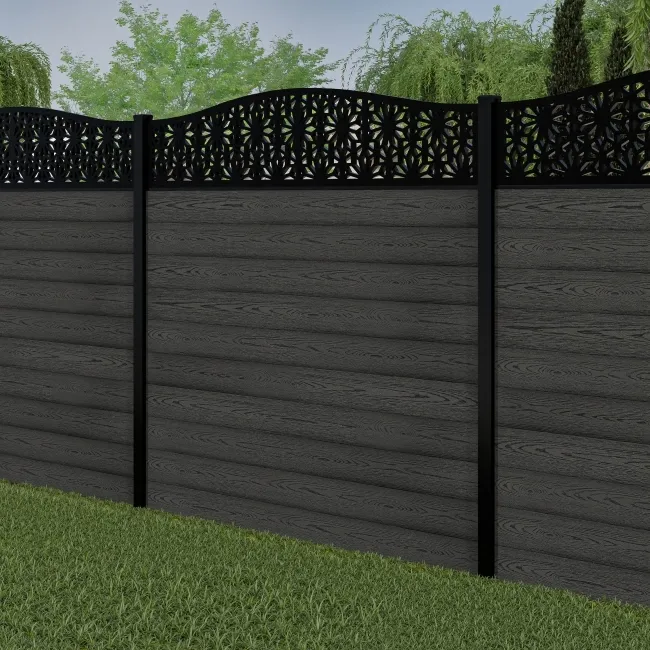 LuxeLine Composite Fence Panel Dark Grey 6ft High - Floral Decorative Screen with Buried Aluminium Post