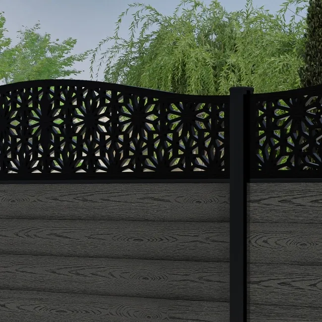 LuxeLine Composite Fence Panel Dark Grey 6ft High - Floral Decorative Screen with Buried Aluminium Post