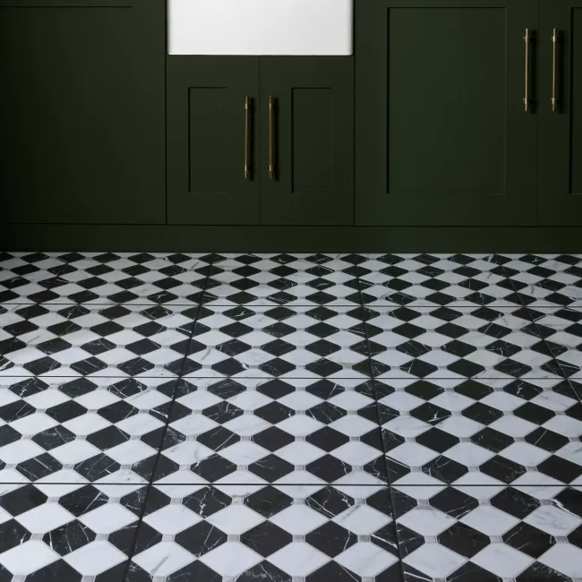 Canterbury Victorian Black & White Matt Marble Patterned Tiles