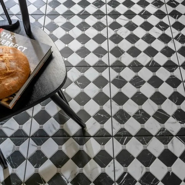 Canterbury Victorian Black & White Matt Marble Patterned Tiles