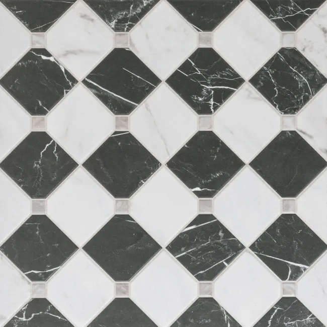 Canterbury Victorian Black & White Matt Marble Patterned Tiles