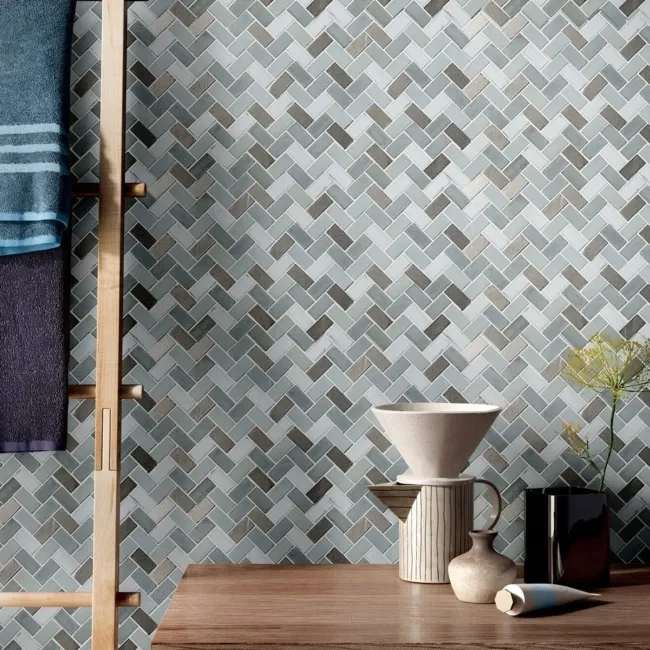 Tephra Metallic Moon Herringbone Mosaic Tiles