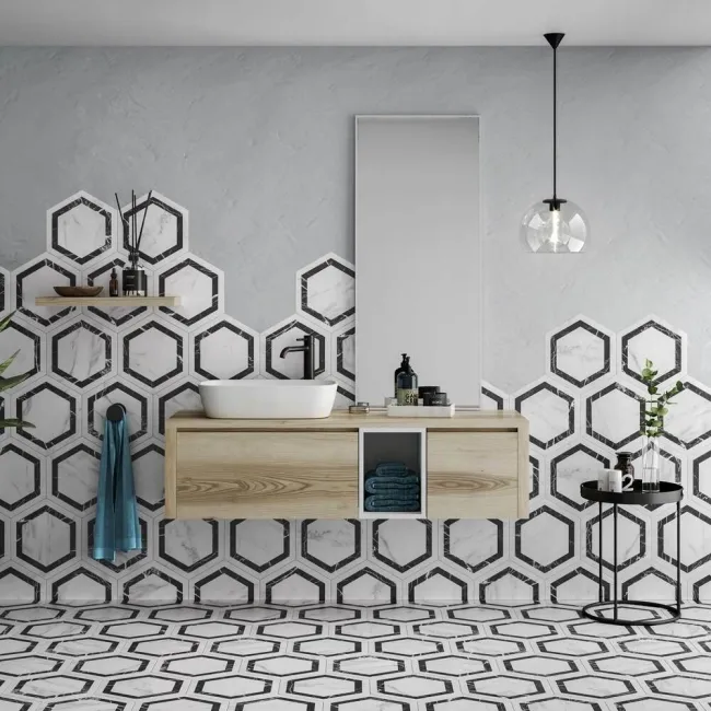 Venato Hexagon Dark Grey Marble Effect Porcelain Tiles