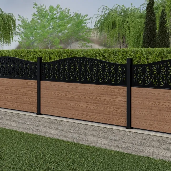 LuxeLine Composite Fence Panel Teak 3ft High - Floral Decorative Screen with Aluminium Post