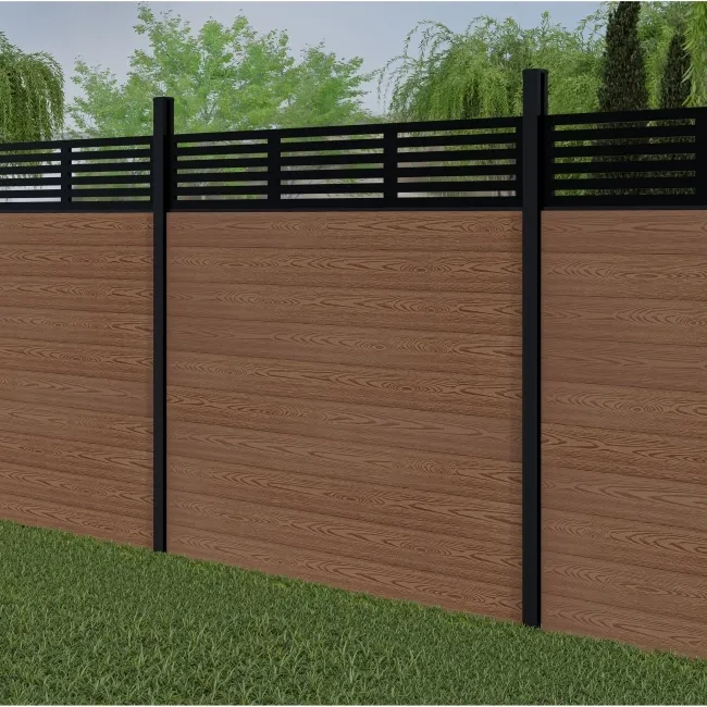 LuxeLine Composite Fence Panel Teak 6ft High - Slat Decorative Screen with Buried Aluminium Post