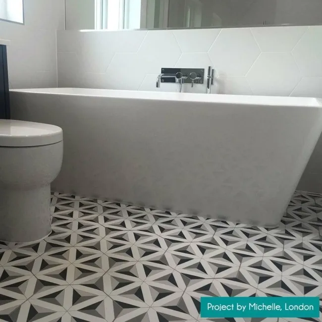 Contour Shadow Black and White Hexagon Patterned Floor Tiles