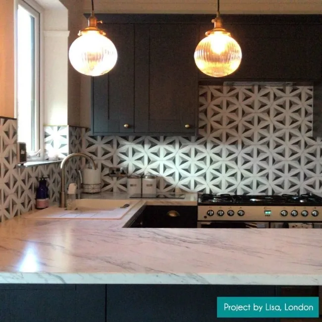 Contour Shadow Black and White Hexagon Patterned Floor Tiles