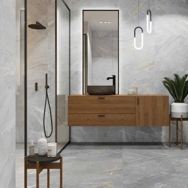 Devoke Light Grey Matt Stone Effect Wall and Floor Tiles 597x597