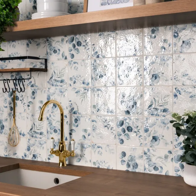 Lucy Blue Floral Gloss Patterned Porcelain Wall Tiles