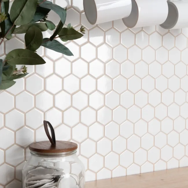 Pixel White 50x50 Hexagon Gloss Mosaic Tiles