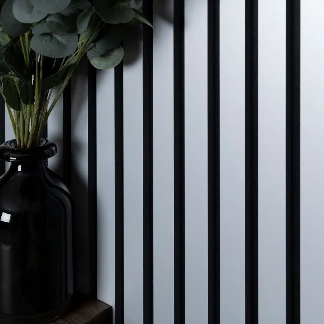 Trepanel Design® Grey Metallic Silver on Black Felt Acoustic Wood Slat Panels