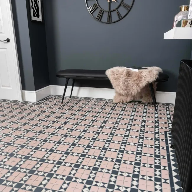 Churchill Navy Blue & Pink Mosaic Victorian Matt Tiles