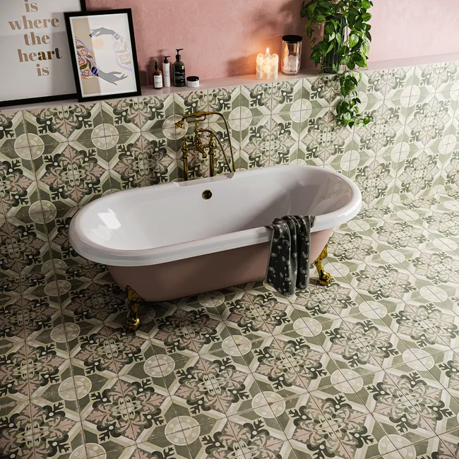 Field Green & Pink Floral Matt Porcelain Wall and Floor Tiles