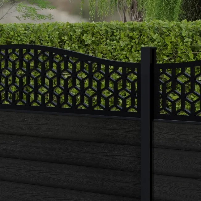 LuxeLine Composite Fence Panel Black 3ft High - Geometric Decorative Screen with Aluminium Post